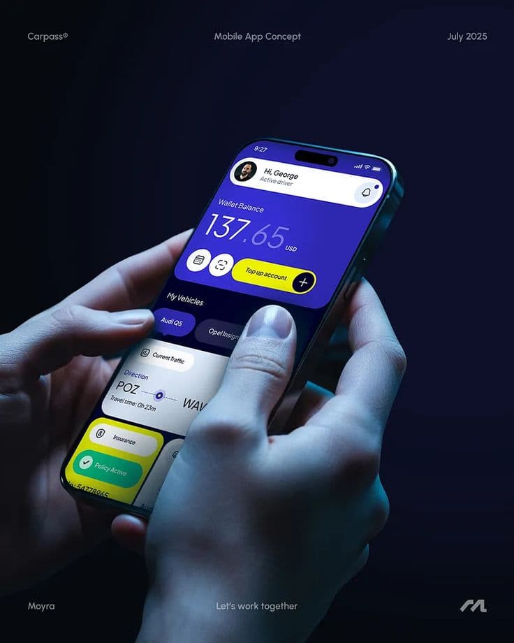 Banking application showing wallet balance and vehicle details on a phone